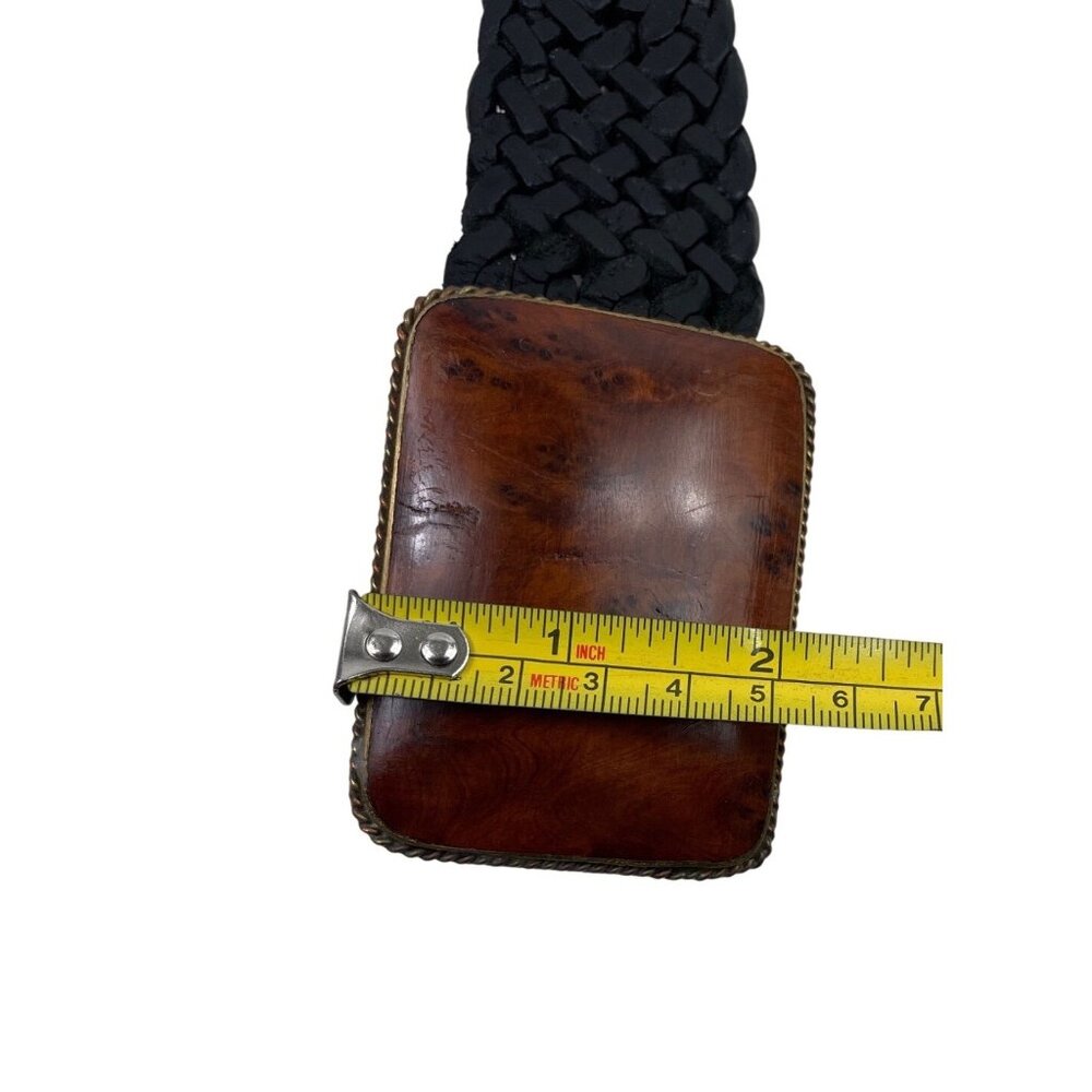 Vintage Black Braided Leather Belt With Wooden Buckle Mens Large Made In Morocco - Picture 11 of 11